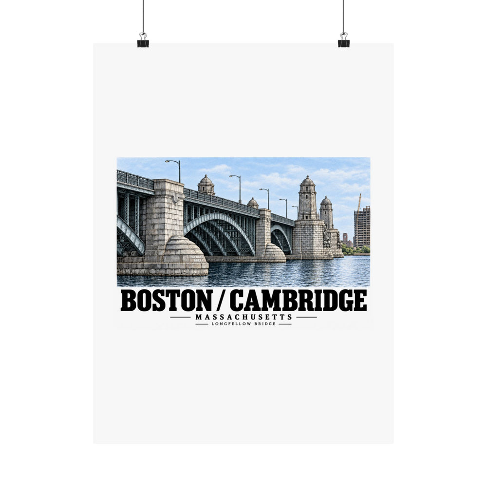 Hanging poster with Longfellow Bridge artwork and Boston/Cambridge lettering.