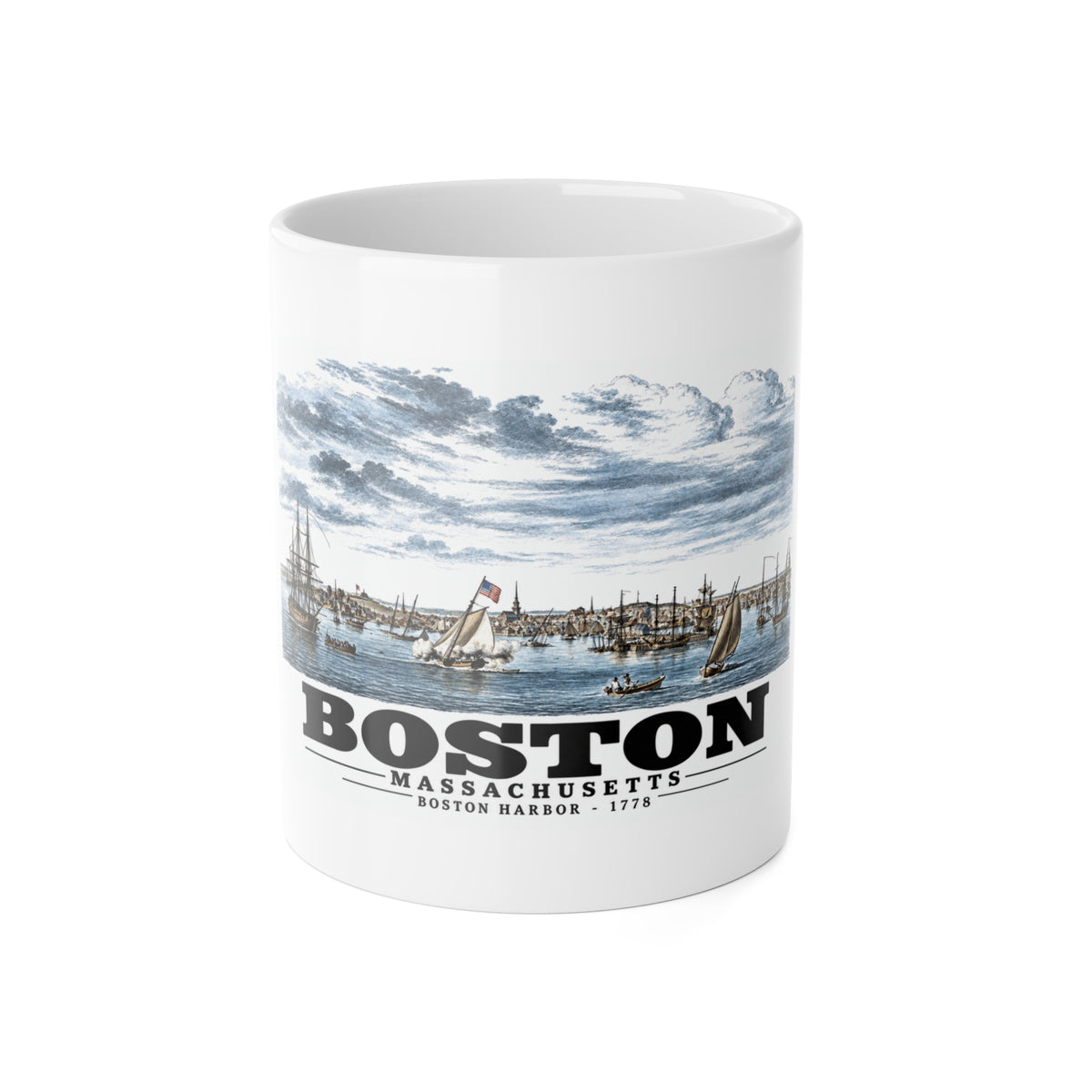 White mug showing Boston Harbor waterfront scene with sailing ships artwork and Boston lettering