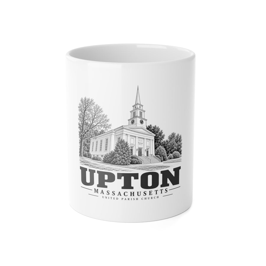Upton United Parish Church artwork on an 11 oz white ceramic mug, front view