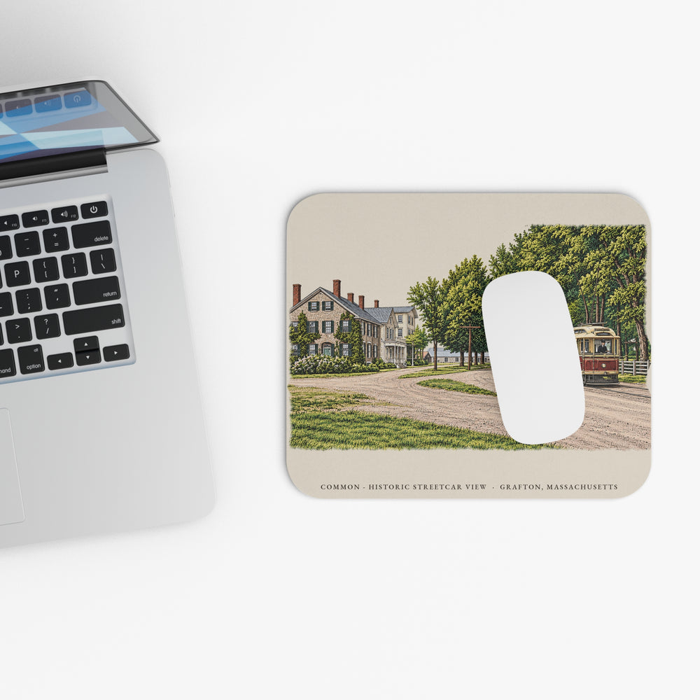 Grafton Common - Historic Streetcar View mouse pad mockup showing the full illustrated print
