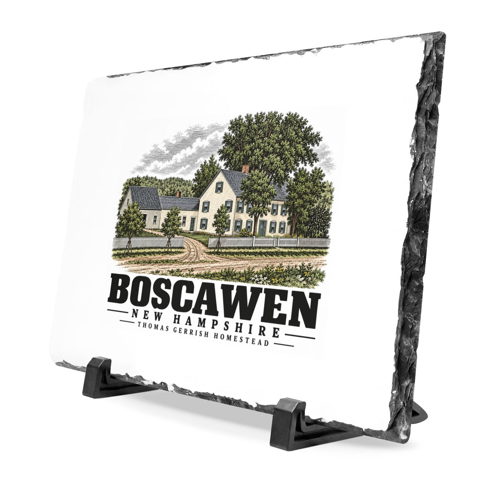 Angled front on display stands of Thomas Gerrish Homestead slate desk plaque, with Boscawen, New Hampshire artwork and lettering.