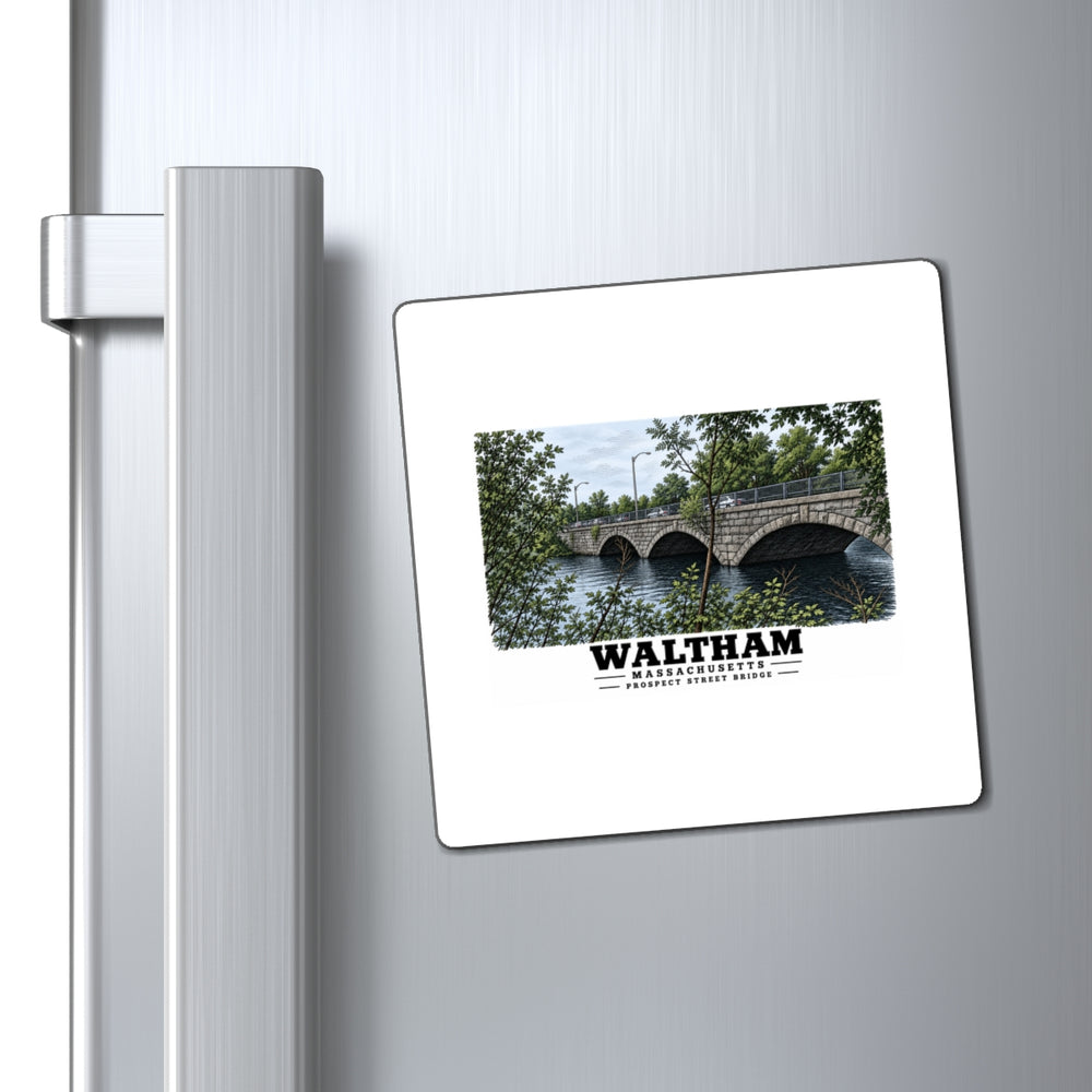Prospect Street Bridge stone arches and river magnet on a refrigerator beside its handle