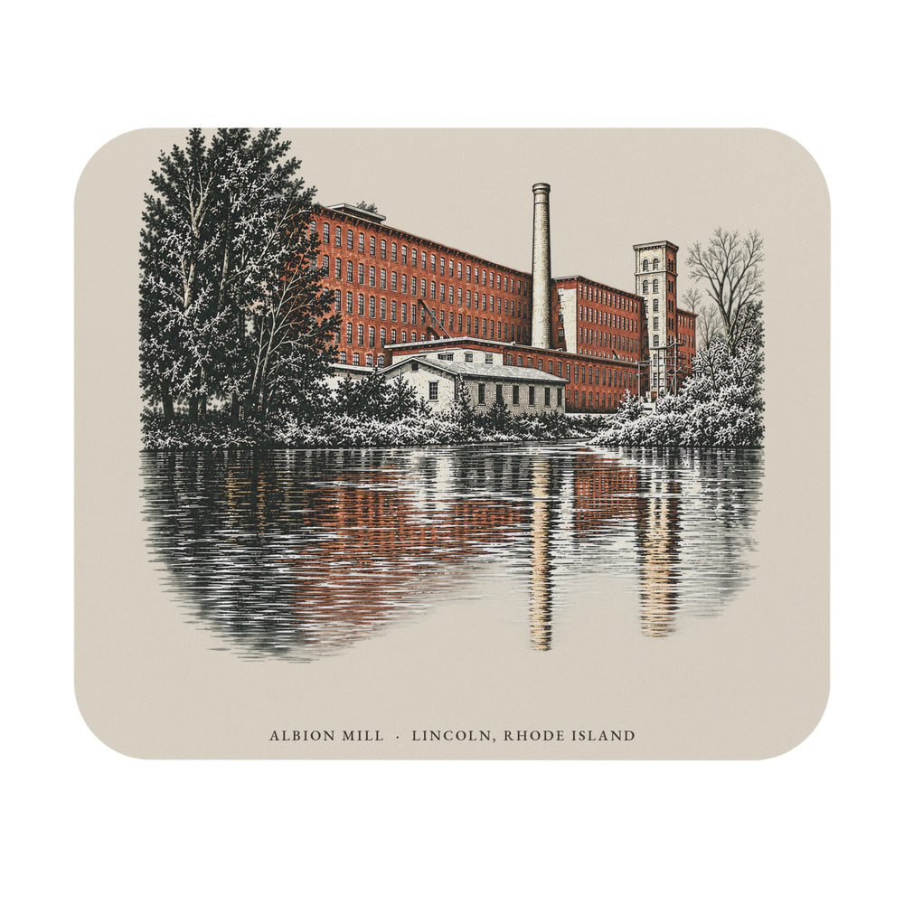 Lincoln Albion Mill mouse pad mockup showing the full illustrated print