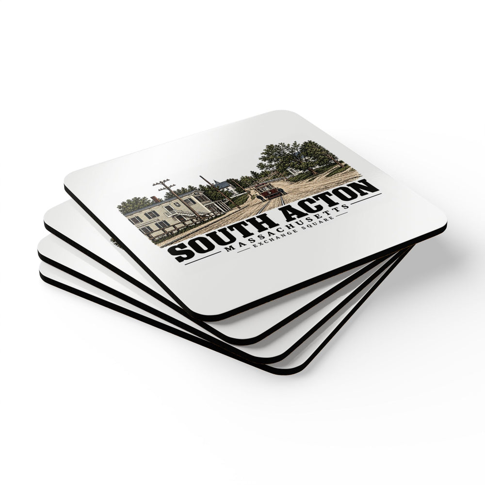 Illustrated Exchange Square in South Acton on corkwood coaster set