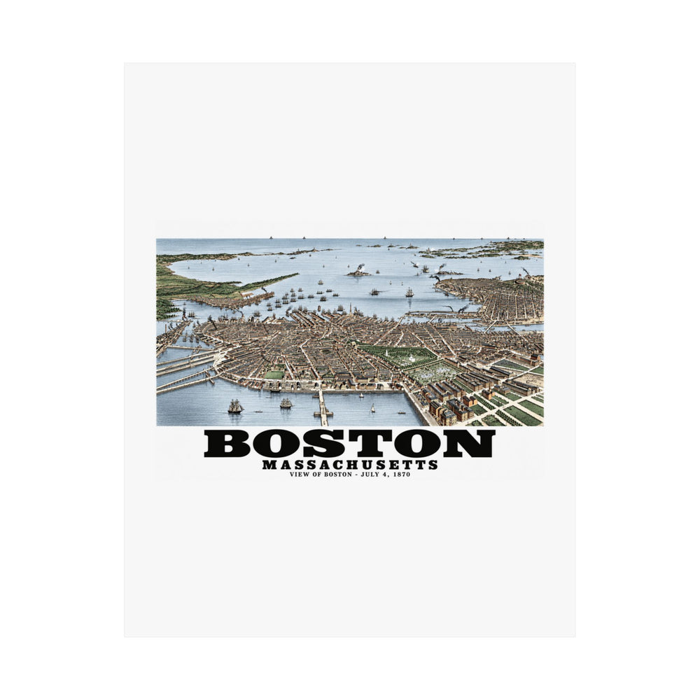 Flat historic Boston harbor panorama with boats and waterfront buildings poster with Boston lettering