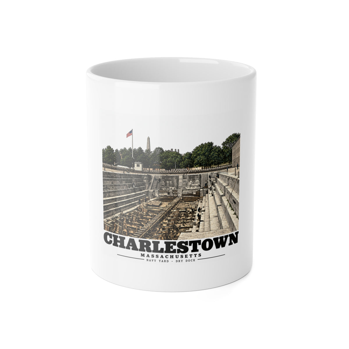 Front of white 11 oz ceramic mug with dry-dock artwork and Charlestown lettering