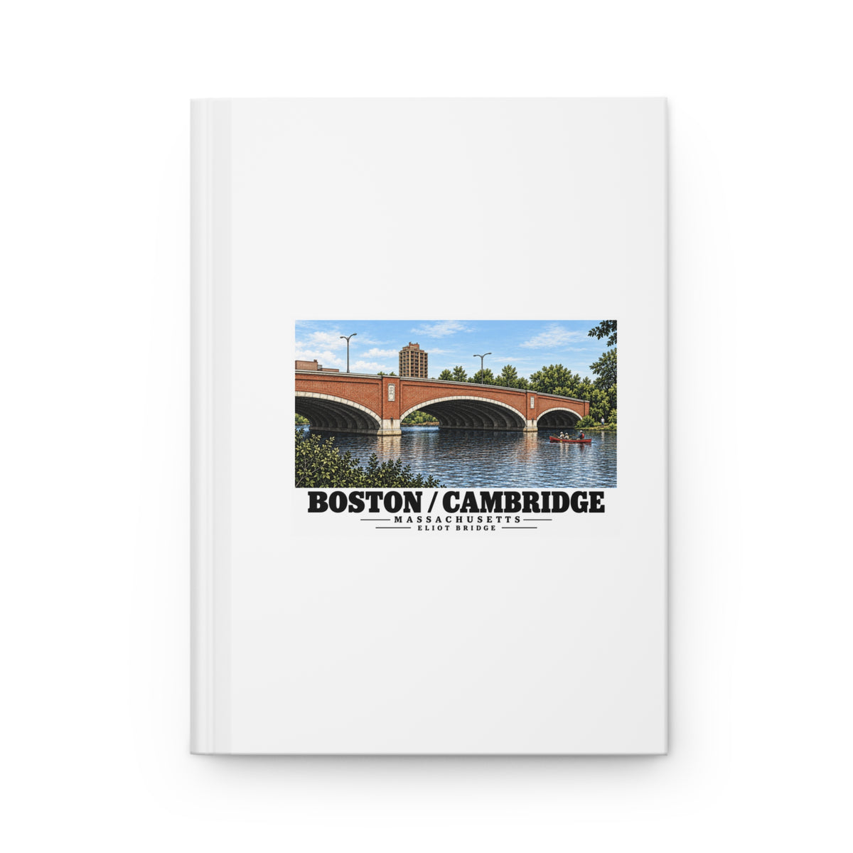 White hardcover journal with Eliot Bridge red brick arches and boats artwork and Boston/Cambridge lettering