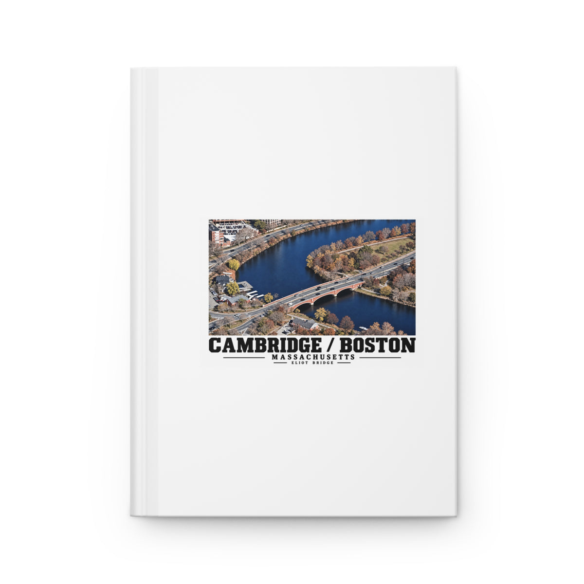 White hardcover journal with Eliot Bridge aerial river view artwork and Cambridge/Boston lettering