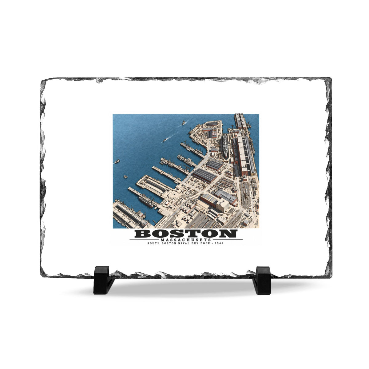 Aerial view of US Naval Dry Dock, South Boston showing development of facilities.  HMS QUEEN MARY in Dry Dock #3 7 × 11 in Slate Desk Plaque - Boston Harbor
