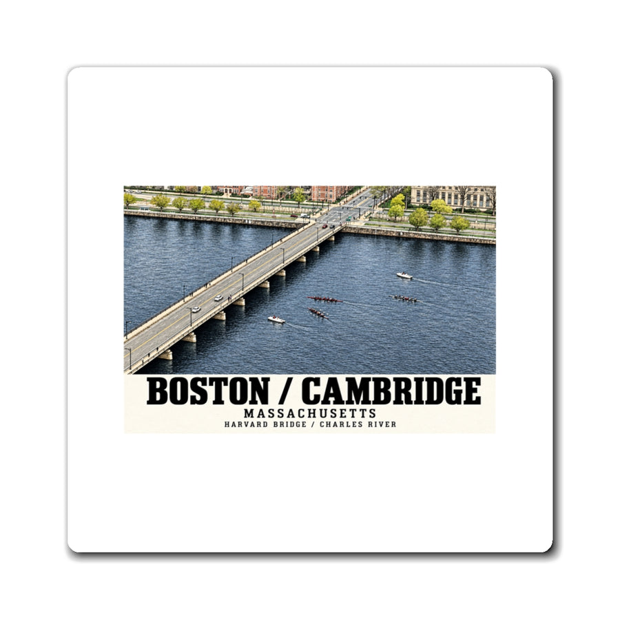 White rectangular magnet showing Harvard Bridge aerial view with scullers on the Charles River artwork and Boston/Cambridge lettering