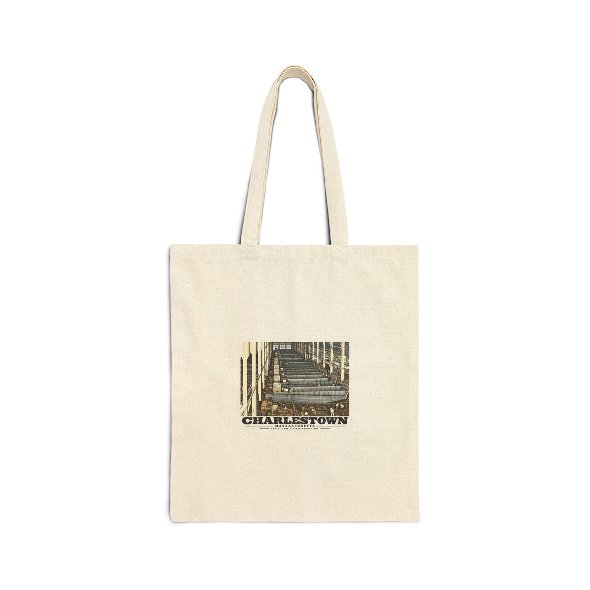 Front of natural cotton canvas tote with landing-craft production and Charlestown artwork