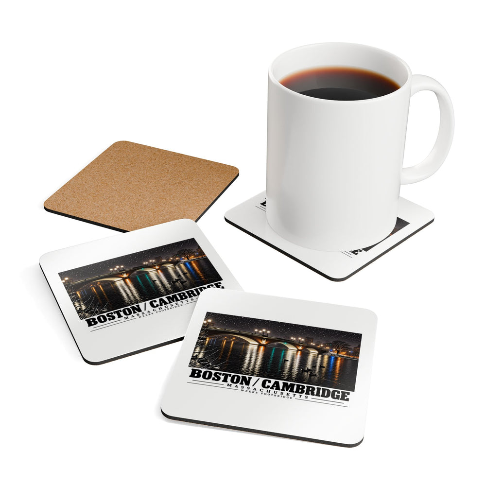 Coasters showing Weeks Footbridge illuminated night view with water reflections artwork beside a plain white mug of coffee and a coaster's cork reverse