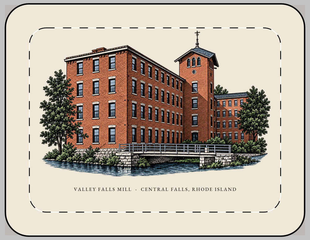 Central Falls Valley Falls Mill 13-inch laptop sleeve mockup showing the full illustrated print