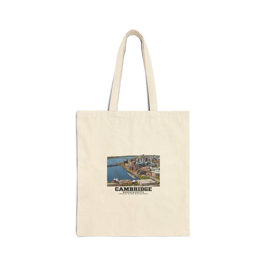 Natural fabric tote with Cambridge Charles River waterfront aerial city view artwork and Cambridge lettering