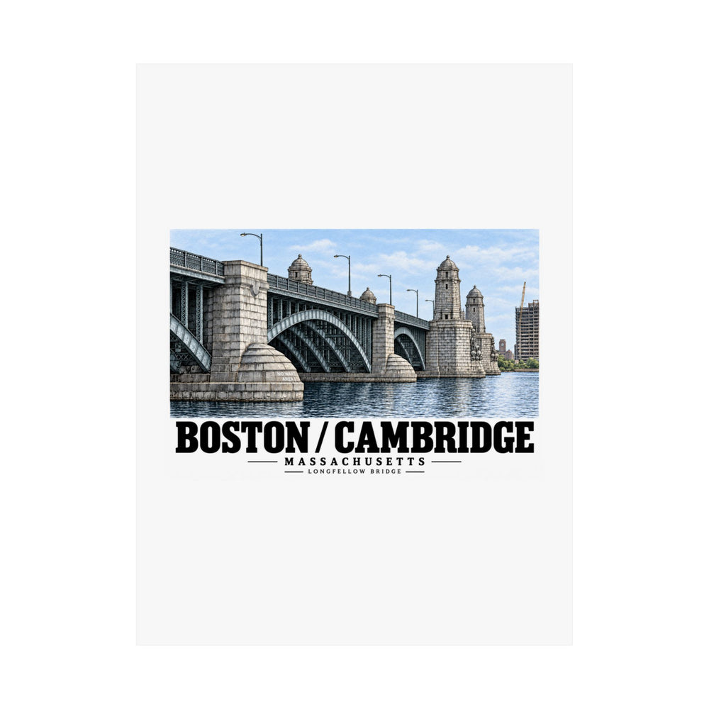 Poster front with Longfellow Bridge artwork and Boston/Cambridge lettering.
