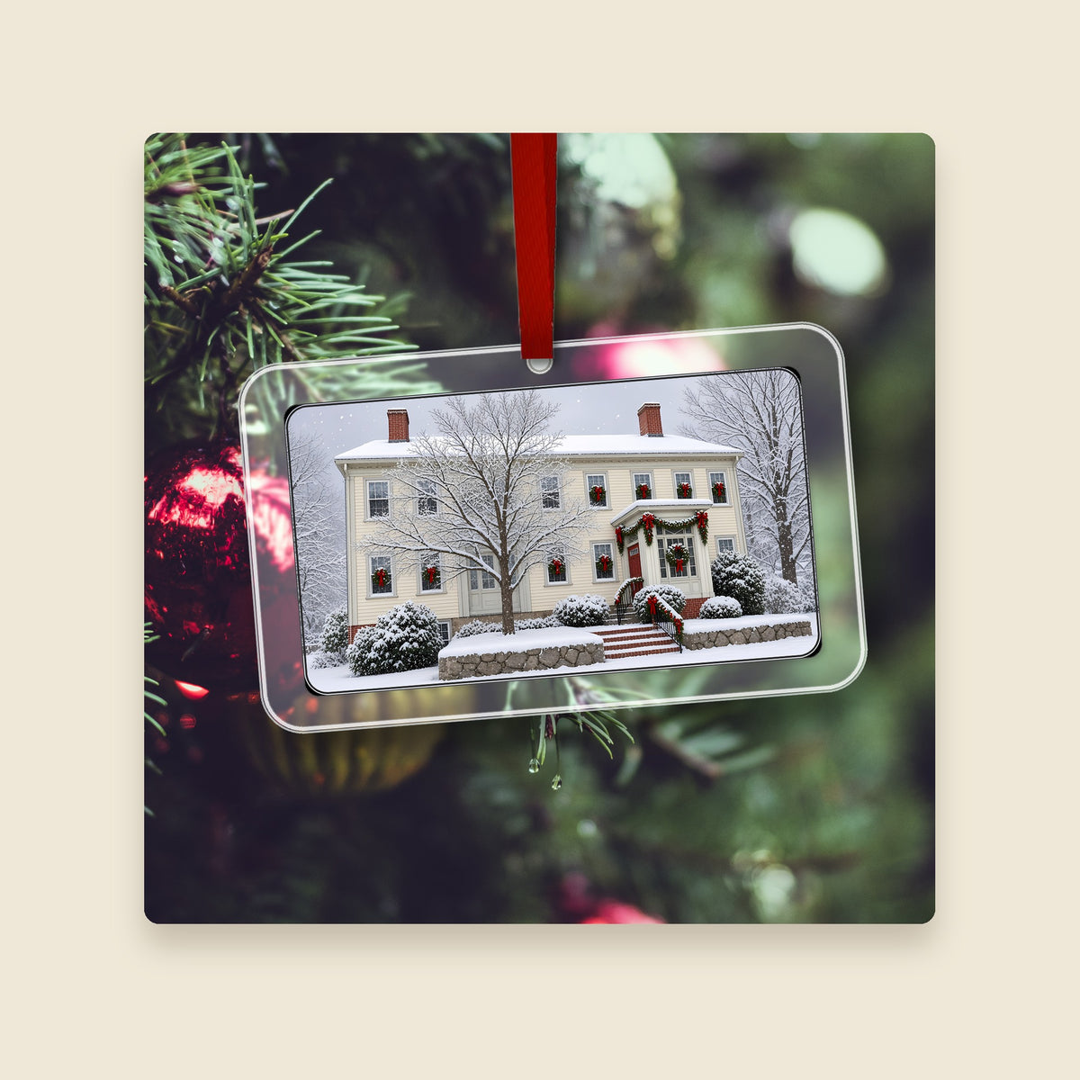 Harrisville Historic District in Burrillville, RI acrylic Christmas ornament hanging on a Christmas tree