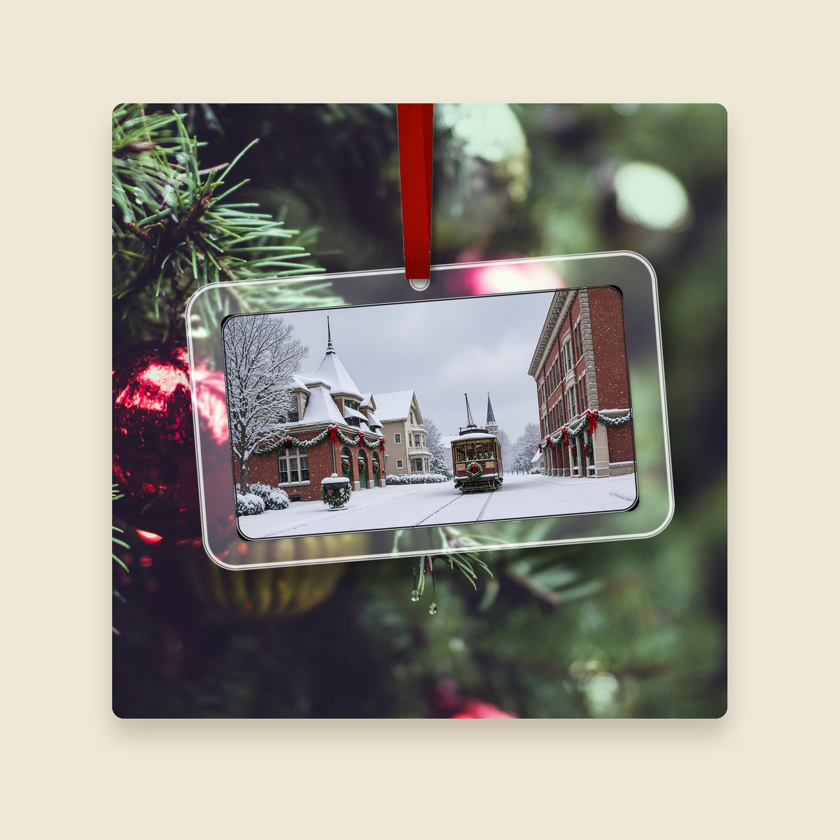 Broad Street in Central Falls, RI acrylic Christmas ornament hanging on a Christmas tree