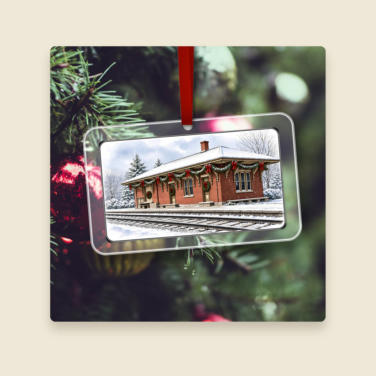 Berkeley Railroad Station in Cumberland, RI acrylic Christmas ornament hanging on a Christmas tree