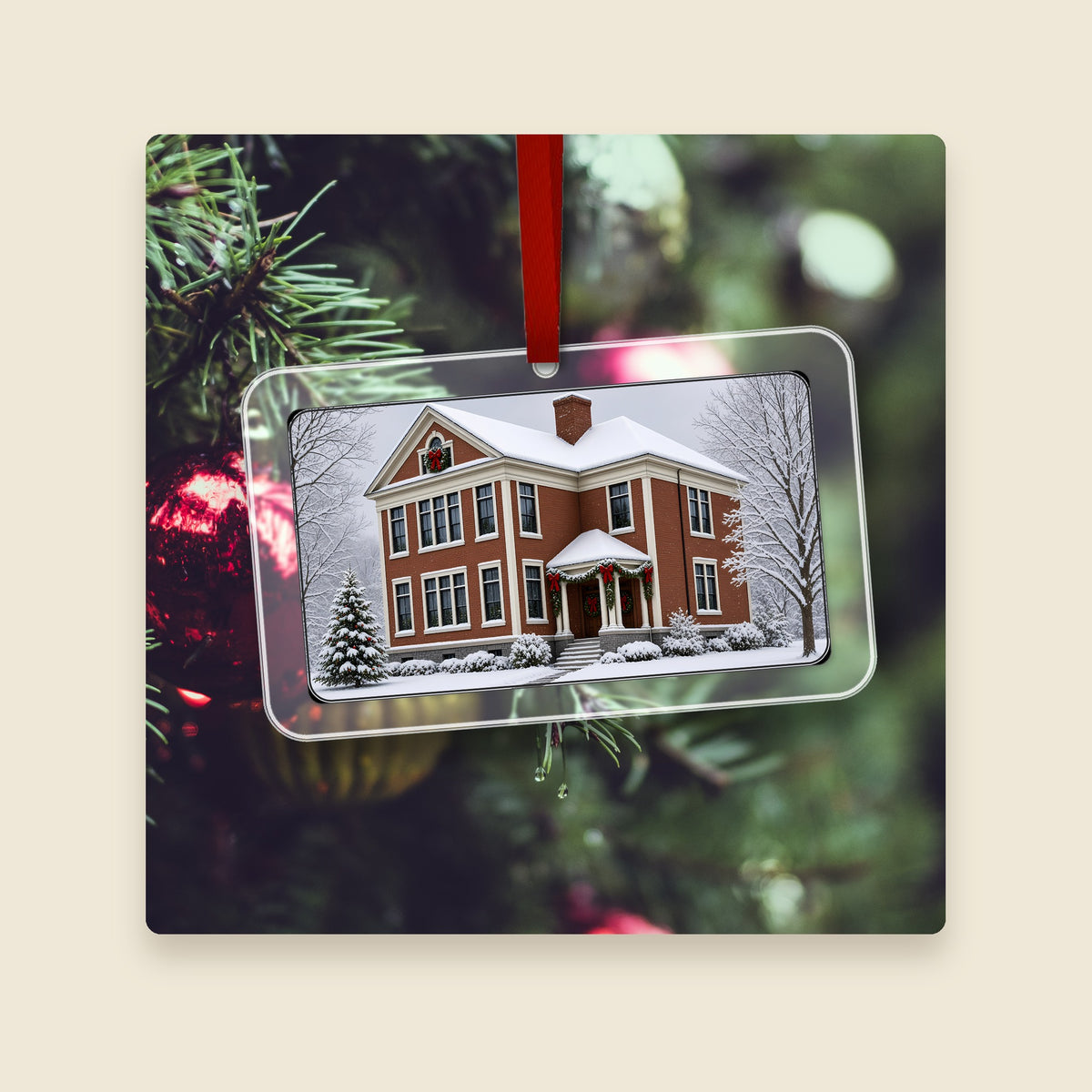 Clark Street School in Cumberland, RI acrylic Christmas ornament hanging on a Christmas tree