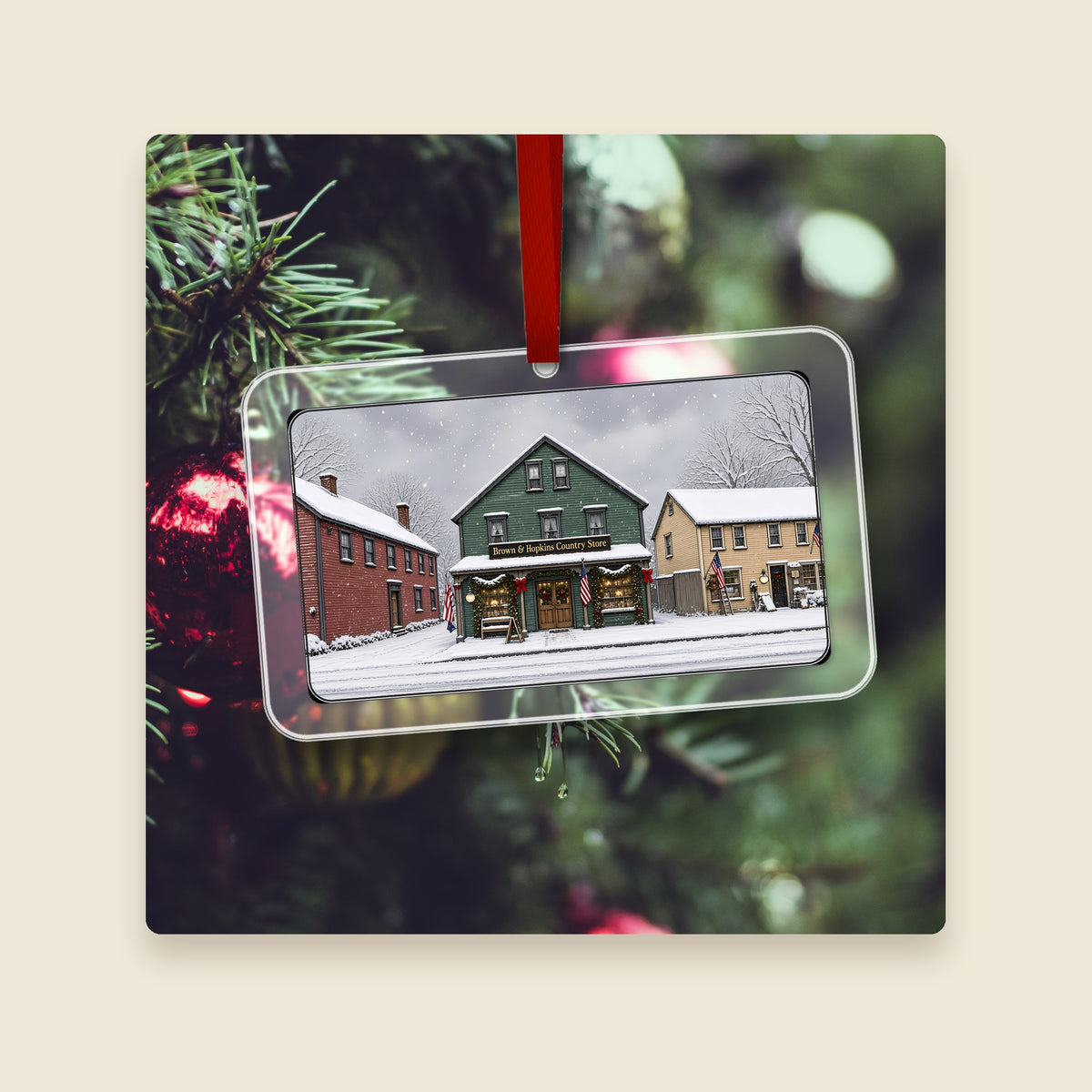 Brown & Hopkins Country Store, Chepachet in Glocester, RI acrylic Christmas ornament hanging on a Christmas tree