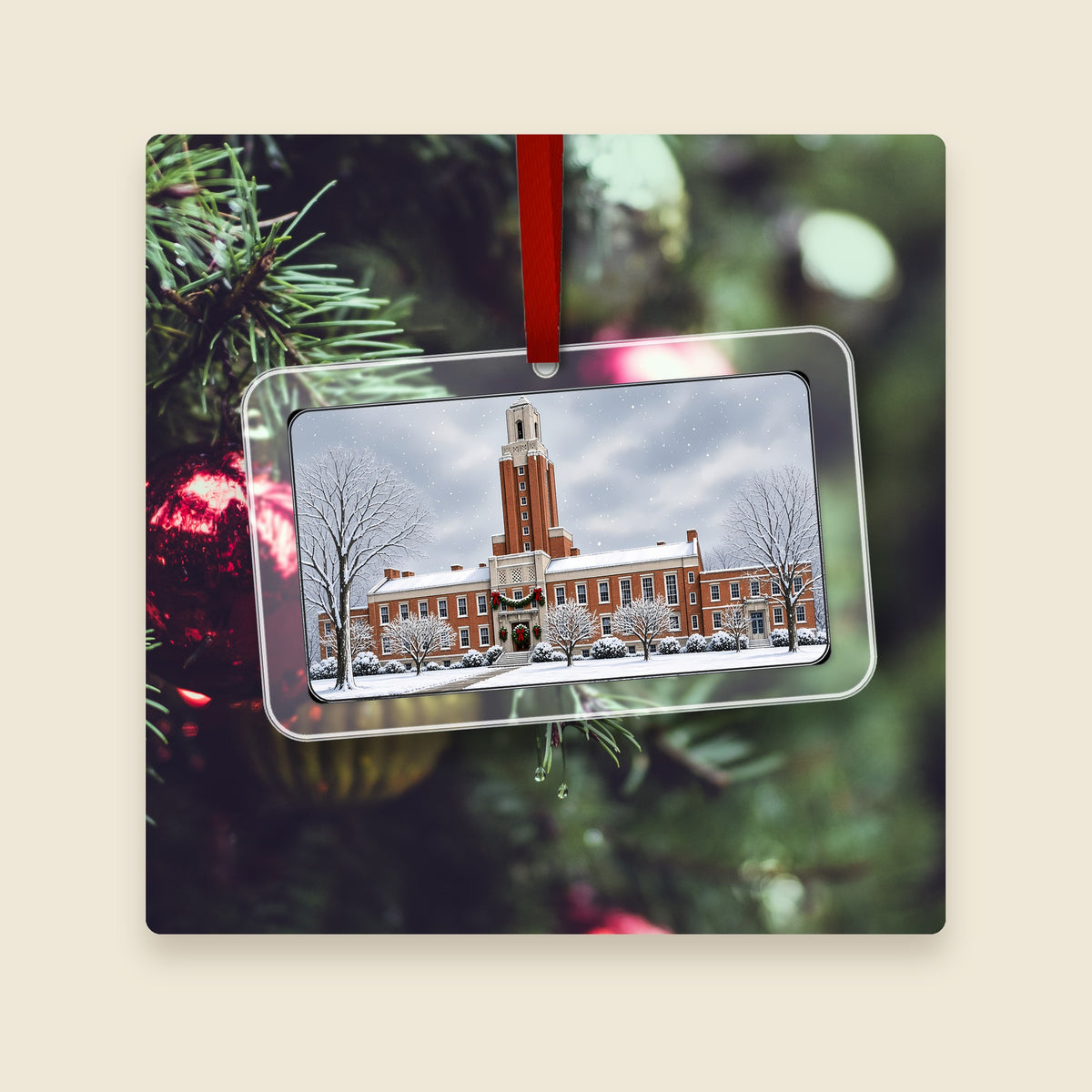 City Hall in Pawtucket, RI acrylic Christmas ornament hanging on a Christmas tree