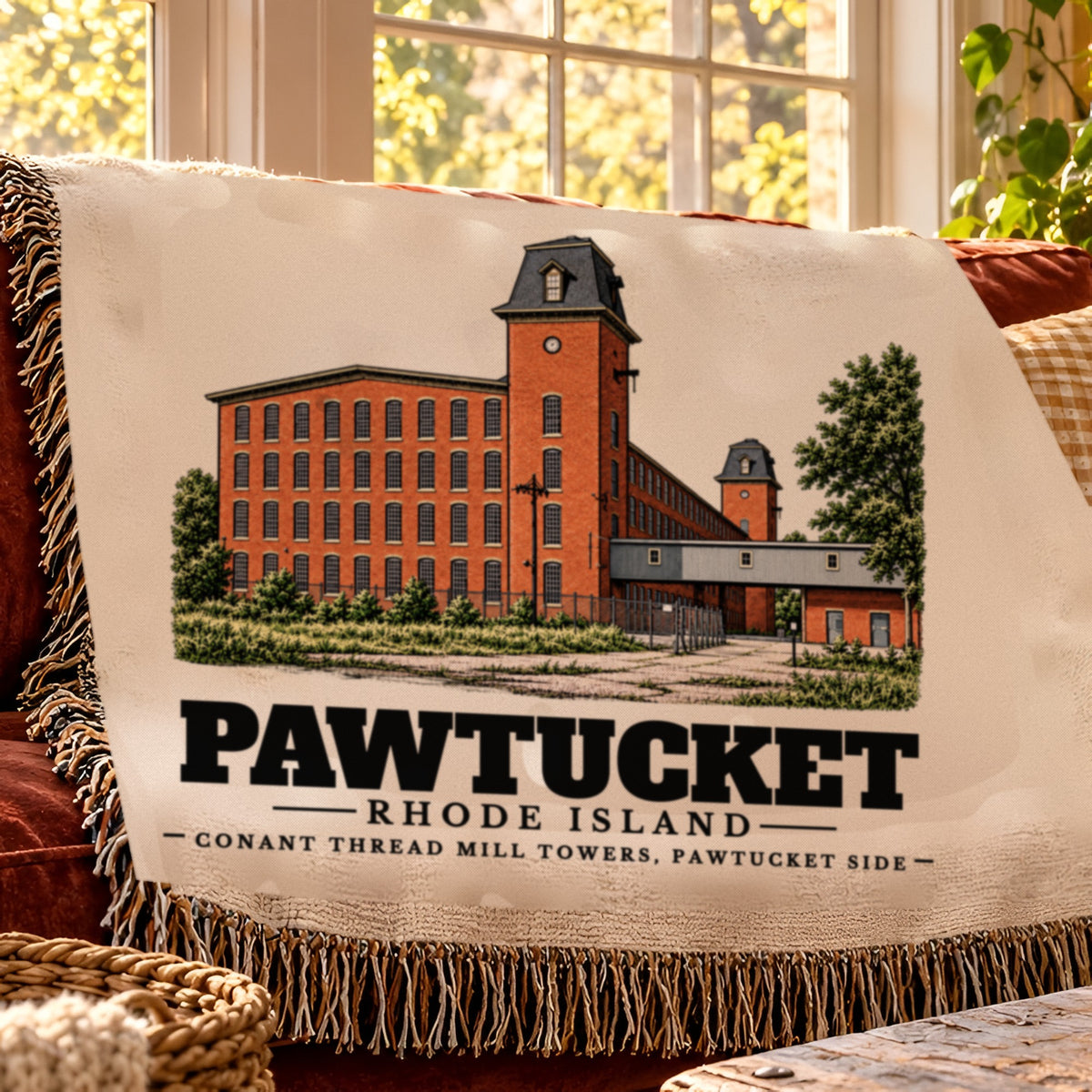 Pawtucket blanket draped over a sofa