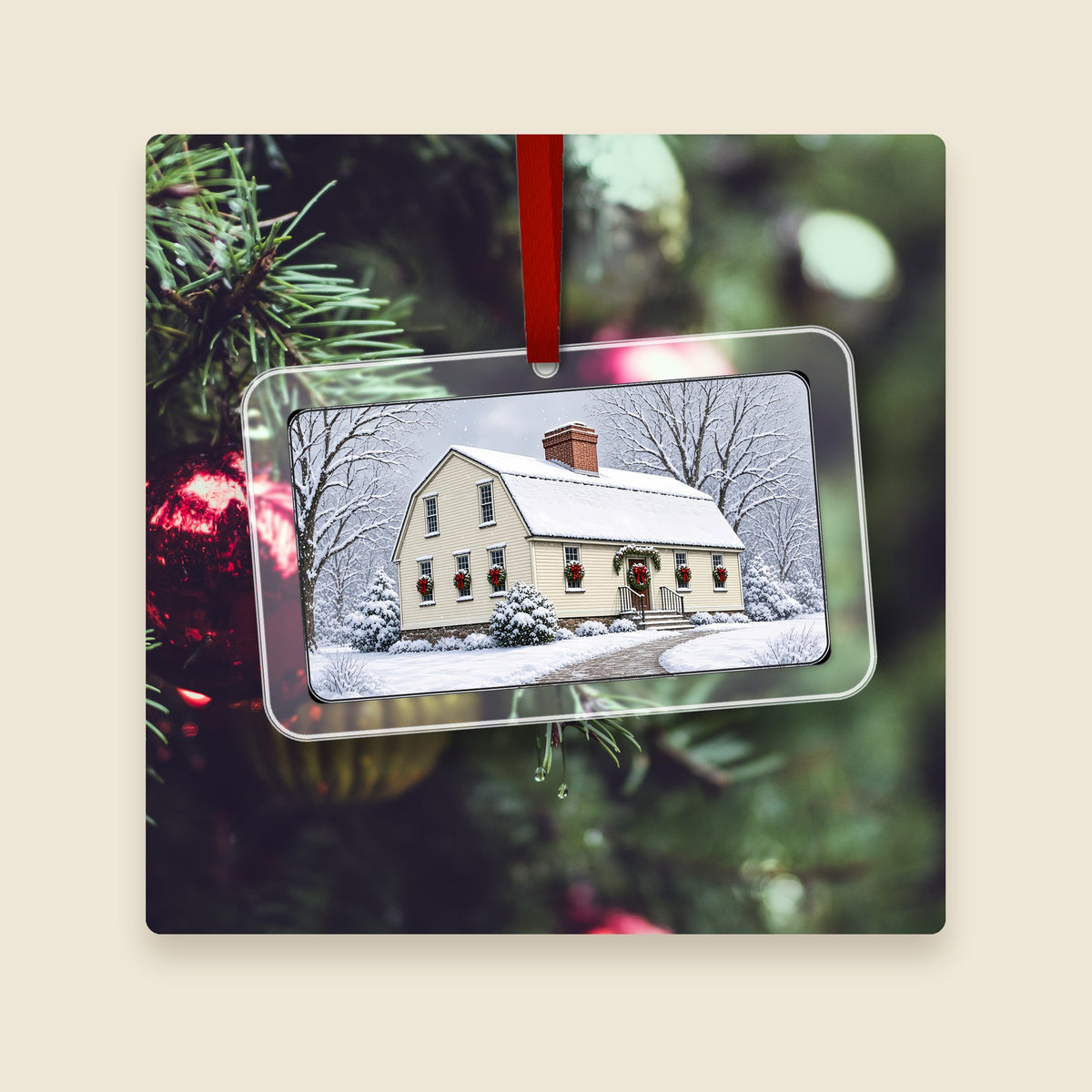 Sylvanus Brown House in Pawtucket, RI acrylic Christmas ornament hanging on a Christmas tree