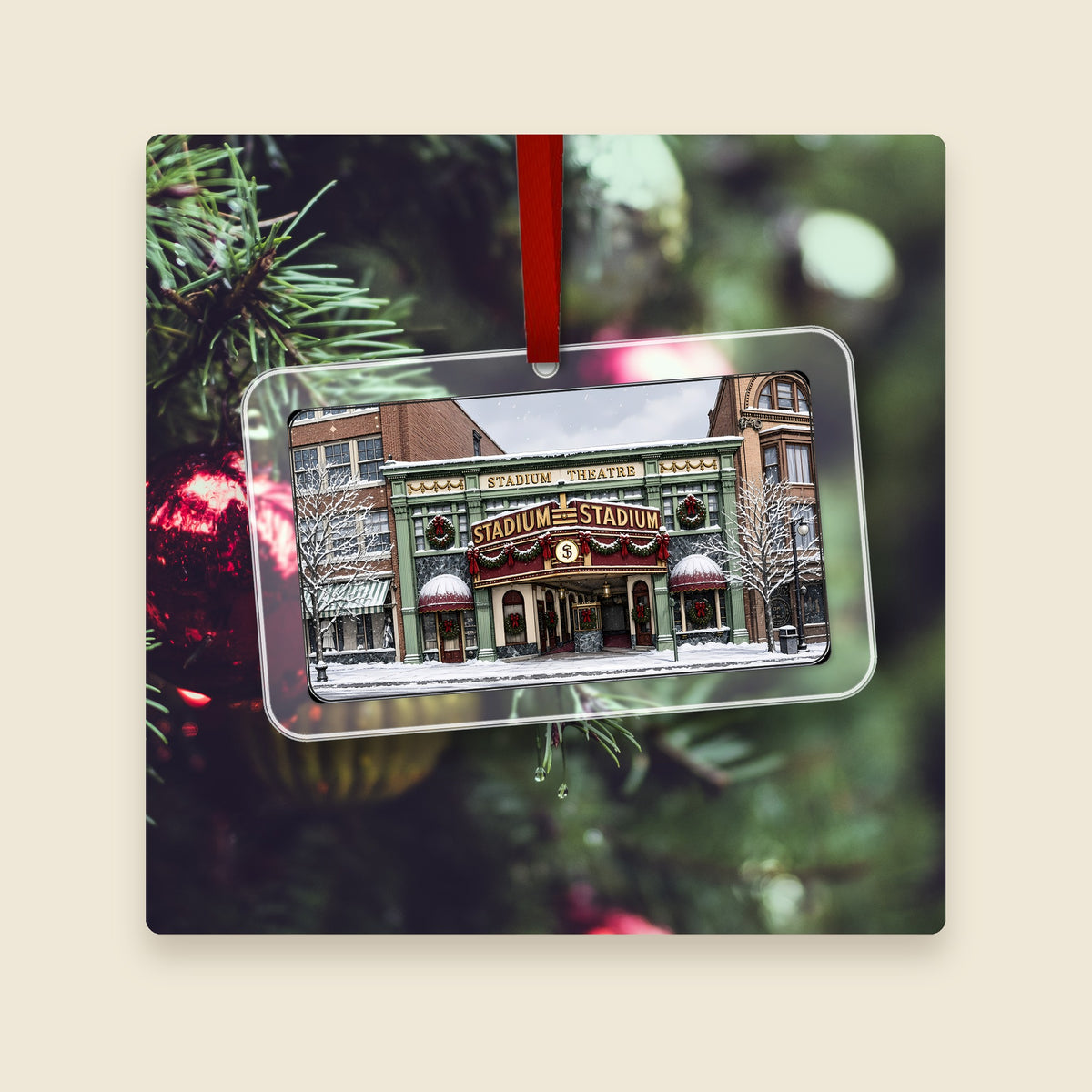 Stadium Theatre in Woonsocket, RI acrylic Christmas ornament hanging on a Christmas tree