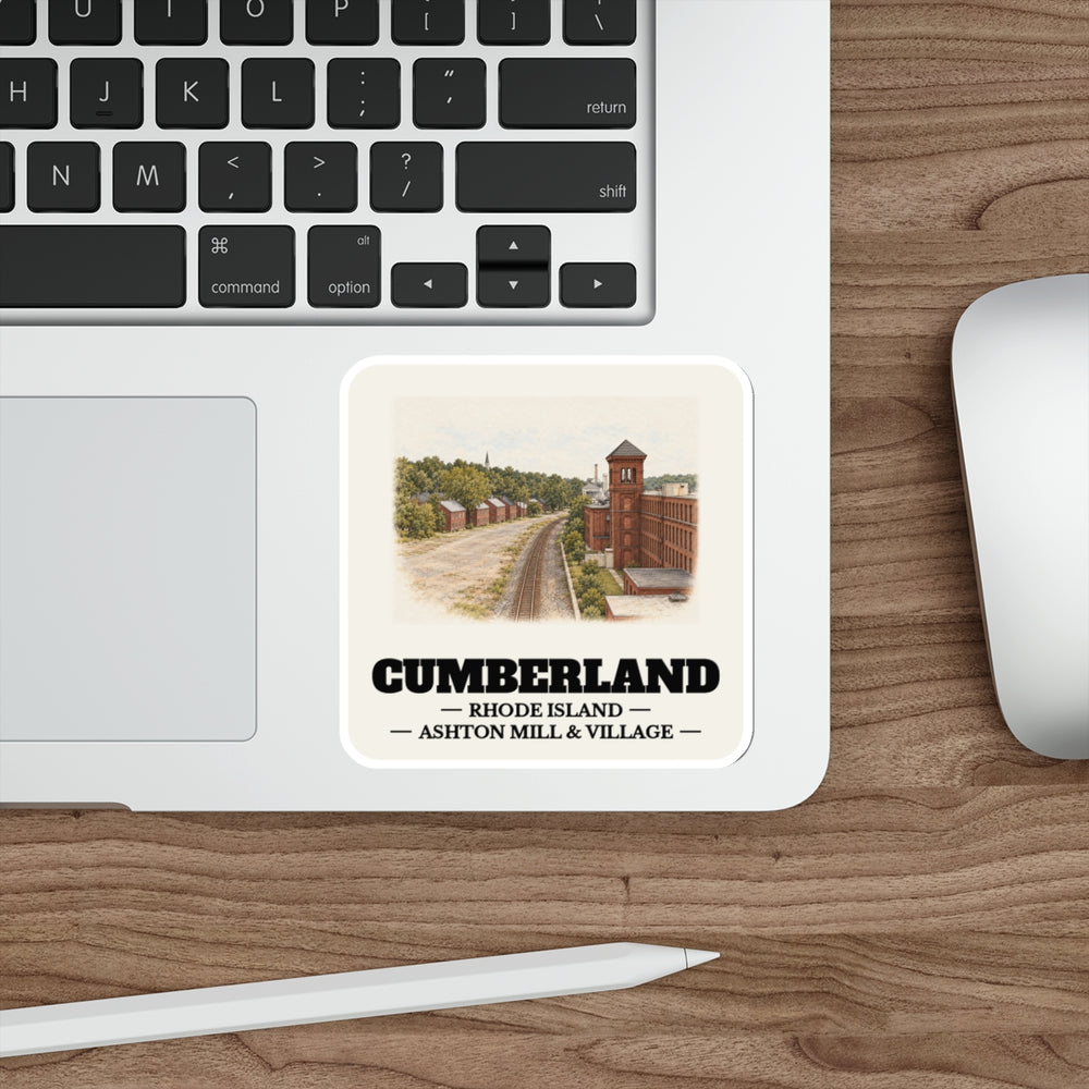 Cumberland Ashton Mill & Village sticker shown on a laptop