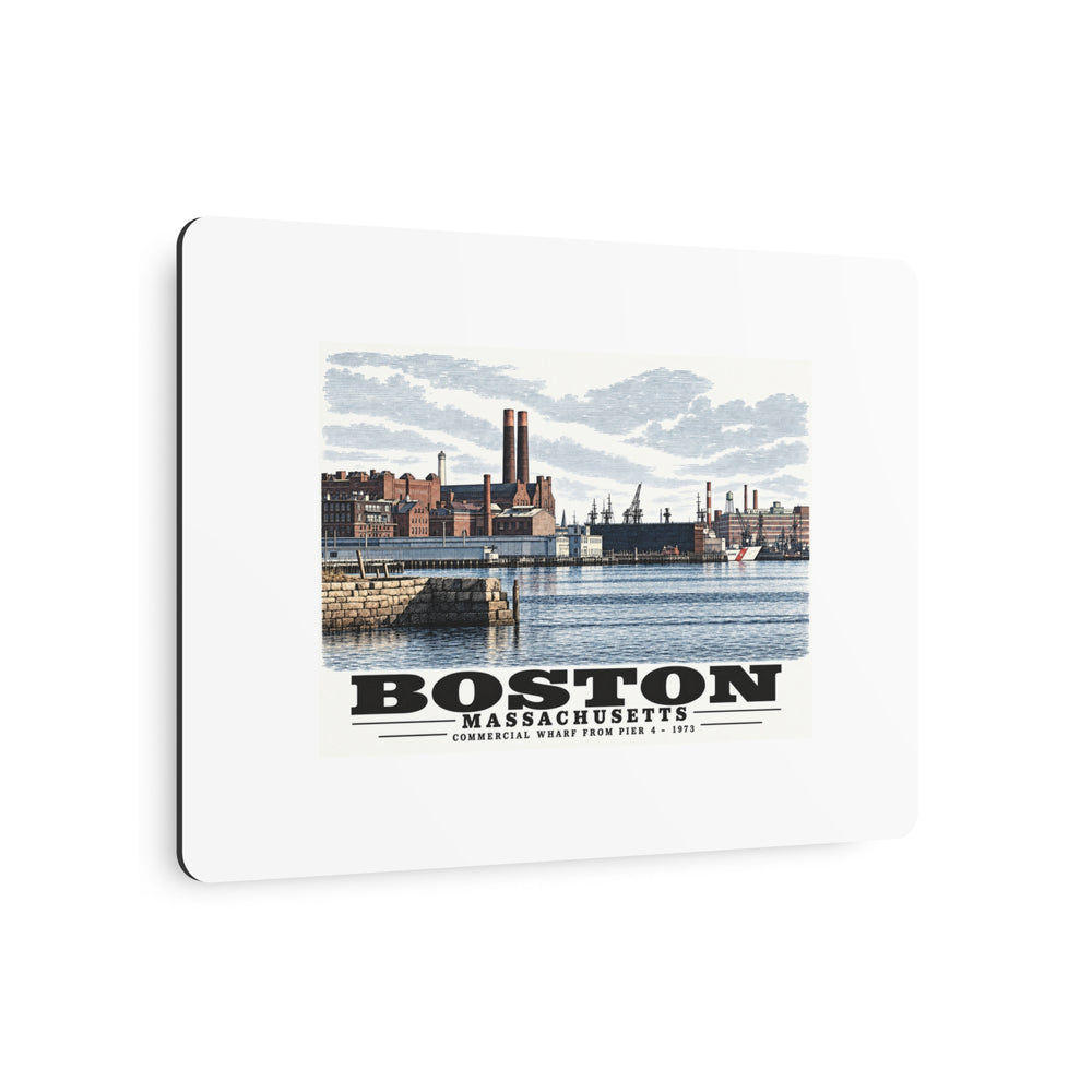 Angled view of Commercial Wharf waterfront buildings, twin chimneys and harbor water metal print with its dark edge visible