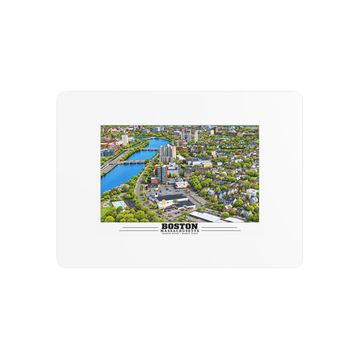 Metal wall print showing Charles River aerial city view with bridges, buildings and green trees artwork and Boston lettering