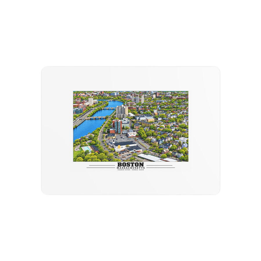 Metal wall print showing Charles River aerial city view with bridges, buildings and green trees artwork and Boston lettering