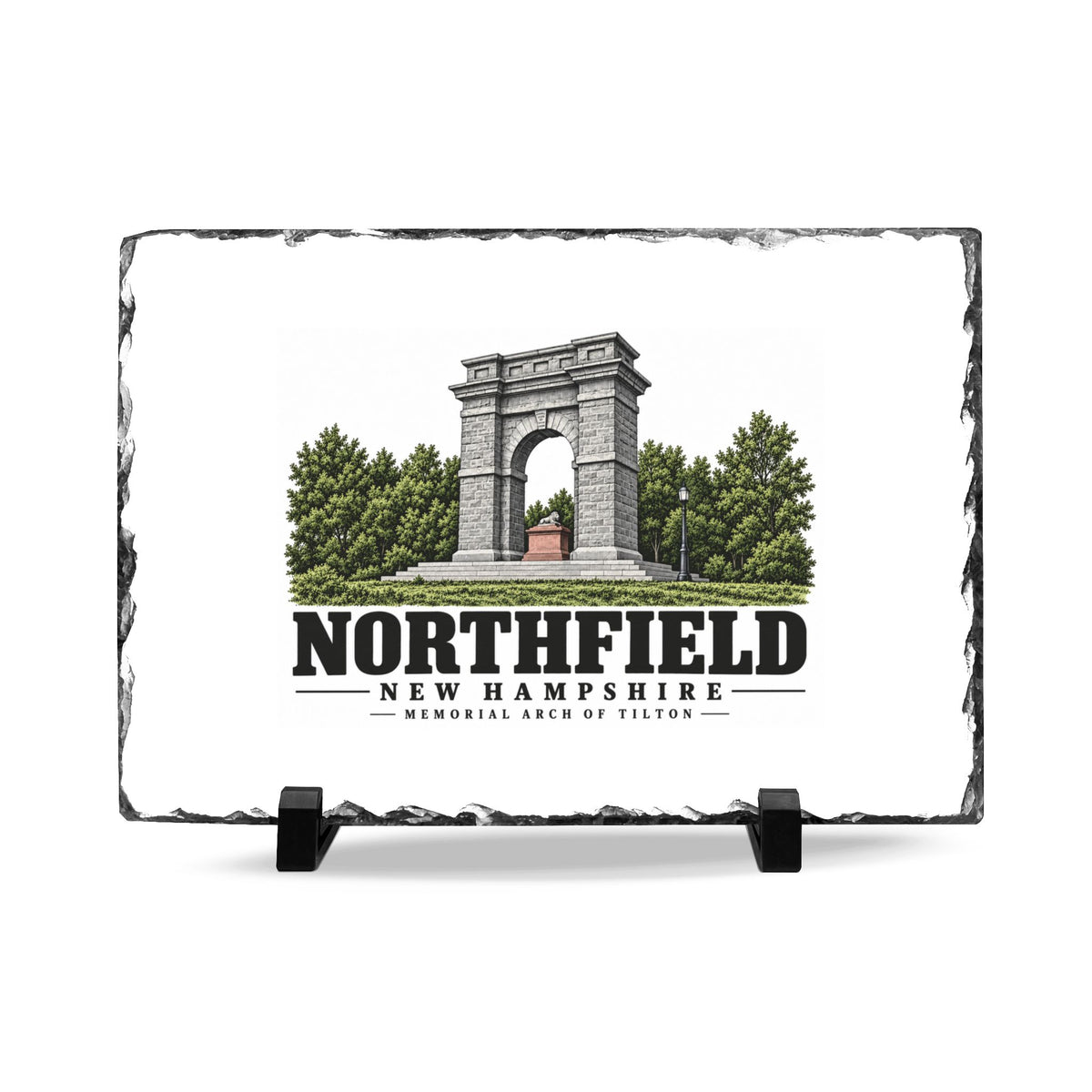 Front on black stands of Memorial Arch of Tilton slate desk plaque, Northfield, New Hampshire.