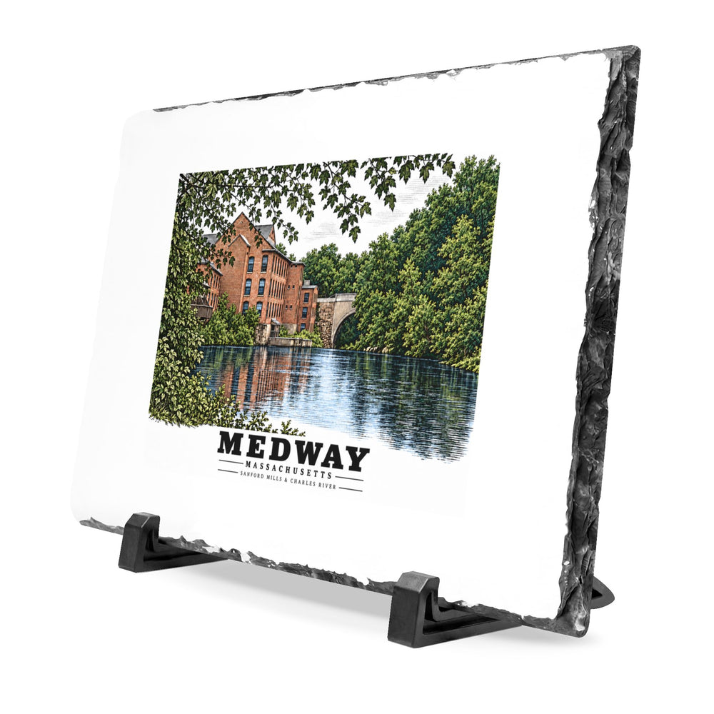 Sanford Mills and Sanford Street Bridge, Charles River, Medway village 7 × 11 in Slate Desk Plaque - Charles River