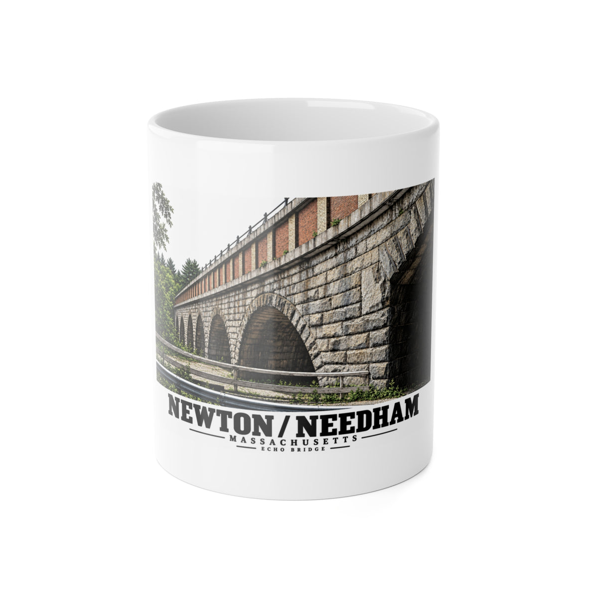 White ceramic mug front with Echo Bridge artwork showing a row of stone arches and a brick upper band, with Newton/Needham lettering.