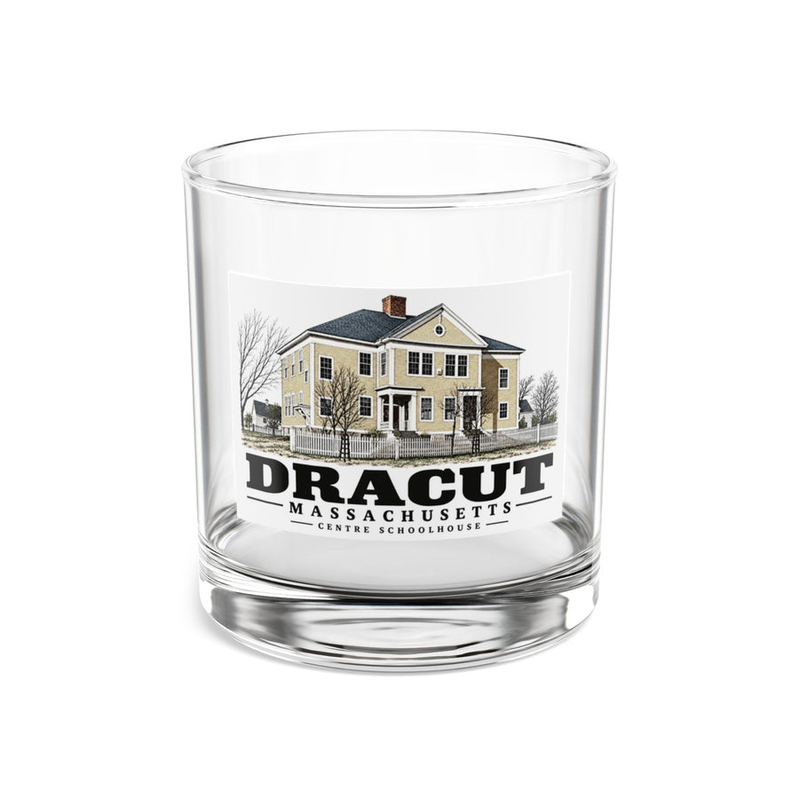 Front of Centre Schoolhouse rocks glass, with Dracut, Massachusetts artwork and lettering.