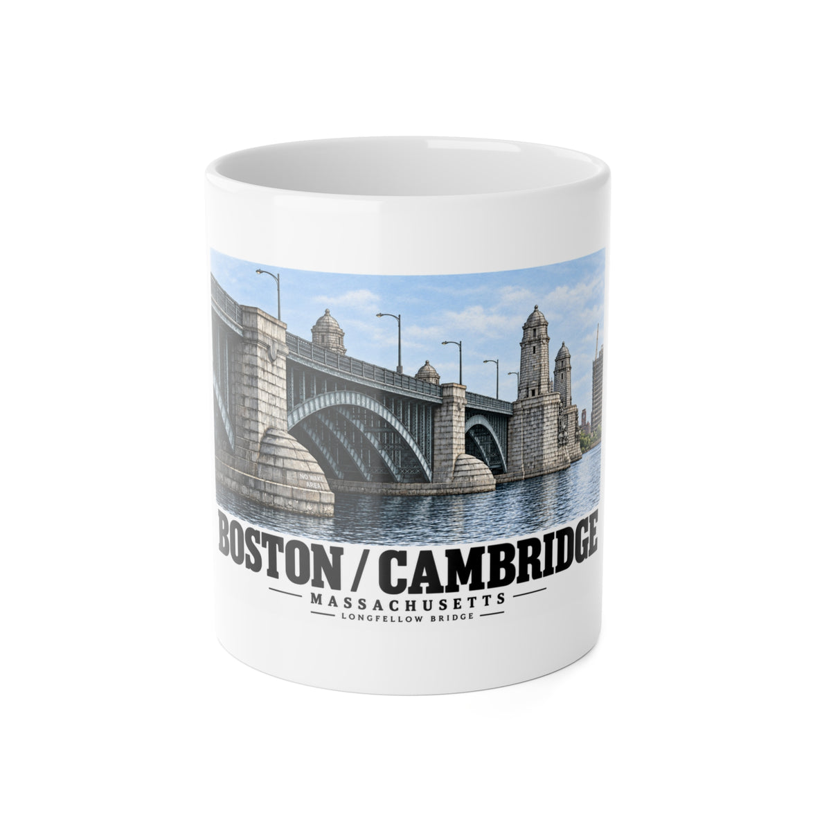 White ceramic mug front with Longfellow Bridge artwork and Boston/Cambridge lettering.