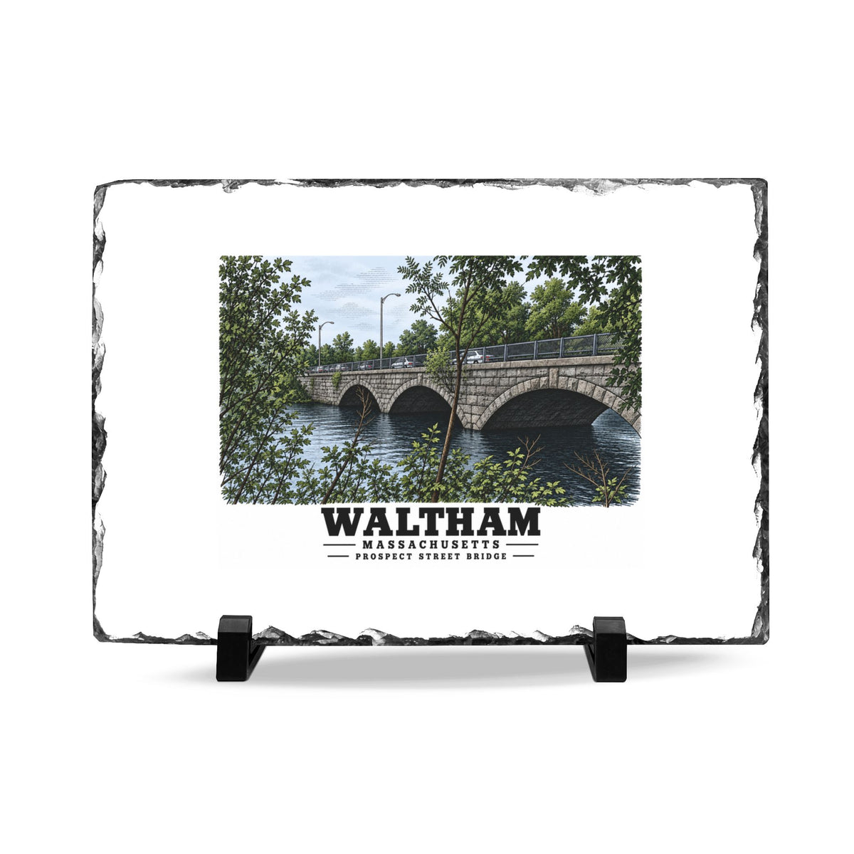 Rough-edged slate display on two black stands with Prospect Street Bridge stone arches and river artwork and Waltham lettering