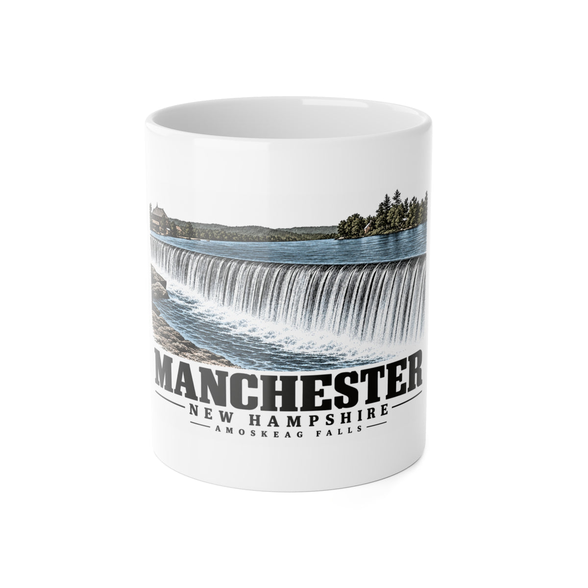 Manchester Amoskeag Falls and dam, published 1910 11 oz White Ceramic Mug - Merrimack Valley Goods