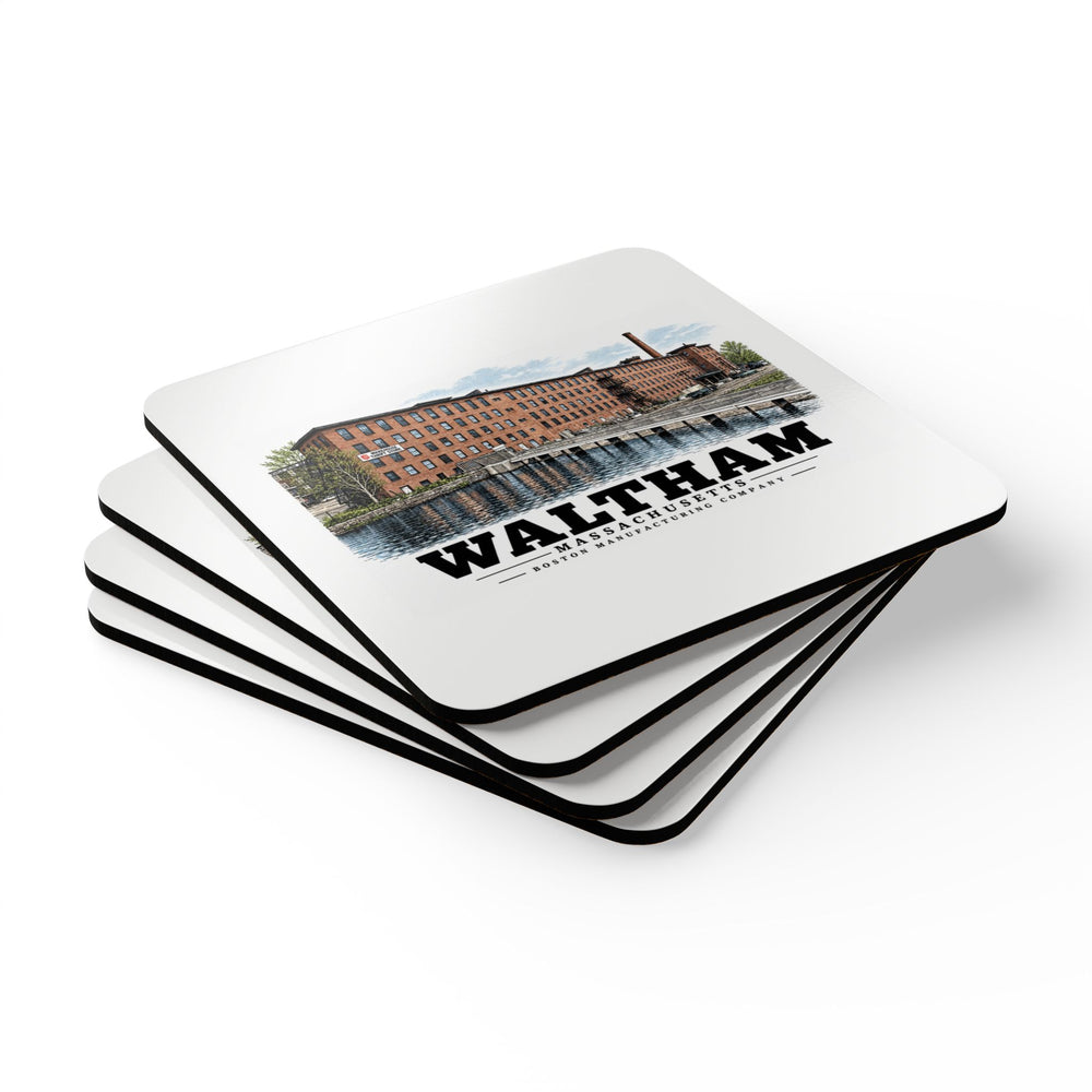 Illustrated Boston Manufacturing Company in Waltham on corkwood coaster set