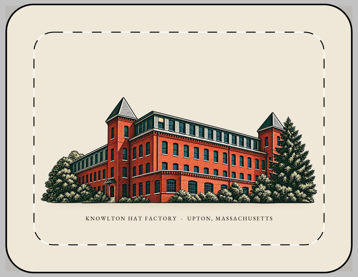 Upton Knowlton Hat Factory 13-inch laptop sleeve mockup showing the full illustrated print