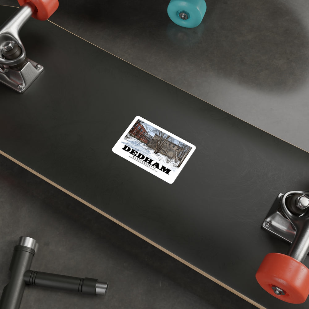 Landscape Dedham mill sticker on the underside of a skateboard.