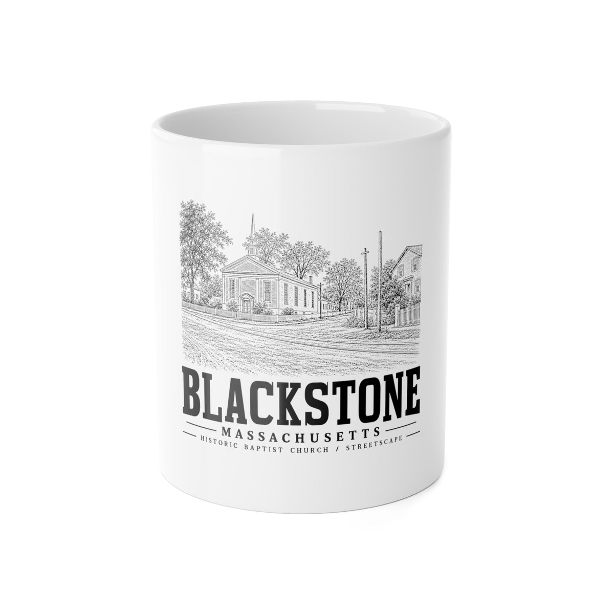 Blackstone Historic Baptist Church / Streetscape 11 oz Ceramic Mug in White — front view
