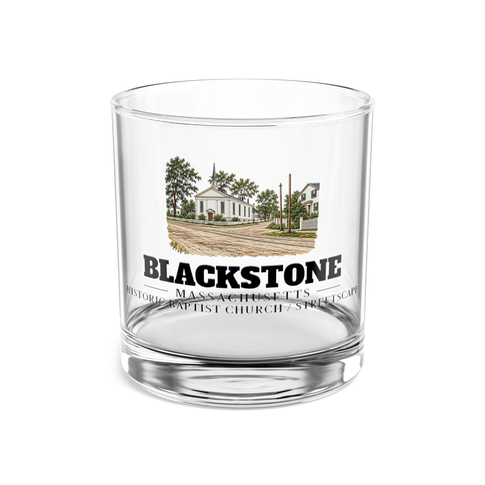 Front view of the Blackstone Historic Baptist Church and streetscape artwork printed on a clear 10 oz rocks glass