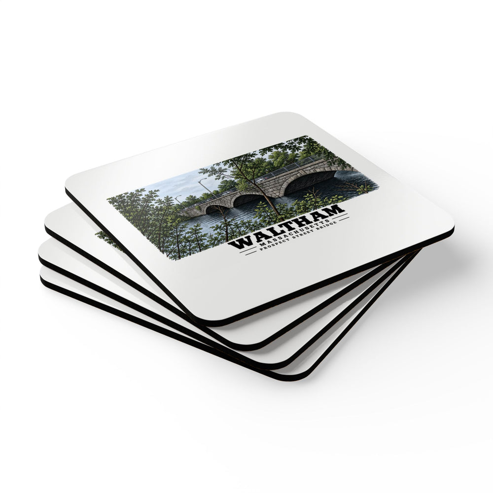 Stack of square coasters with Prospect Street Bridge stone arches and river artwork visible on the top coaster