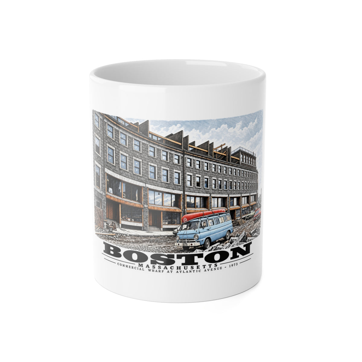 White mug showing Commercial Wharf Street buildings, blue van and renovation debris artwork and Boston lettering