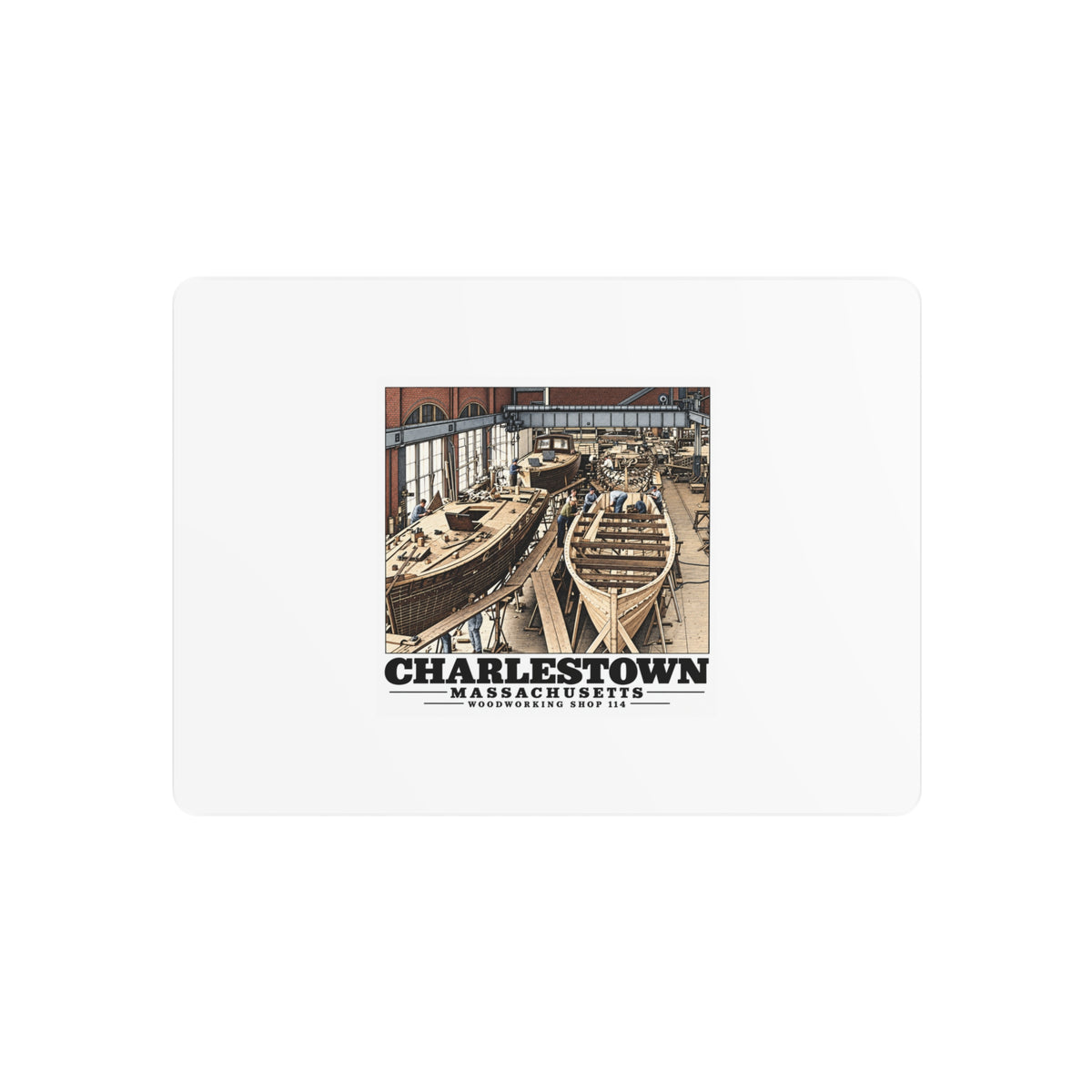 Front of 7 x 5 inch metal wall art with small-boat building artwork and Charlestown lettering