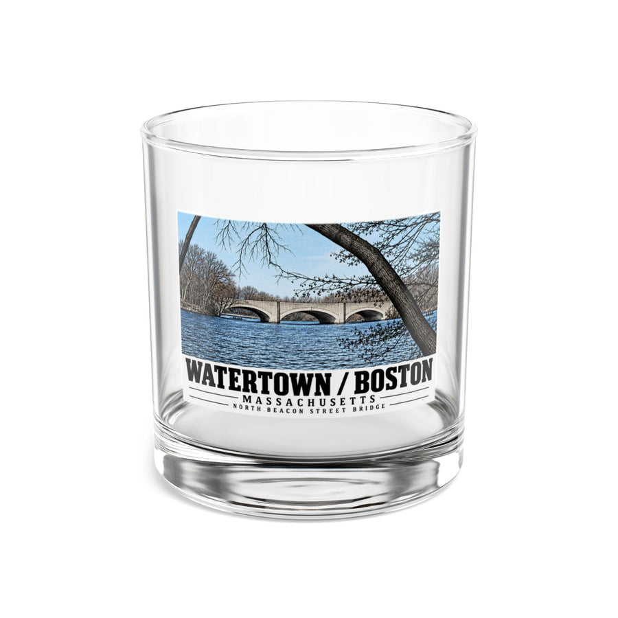 Clear rocks glass showing North Beacon Street Bridge stone arches framed by a bare tree artwork and Watertown/Boston lettering