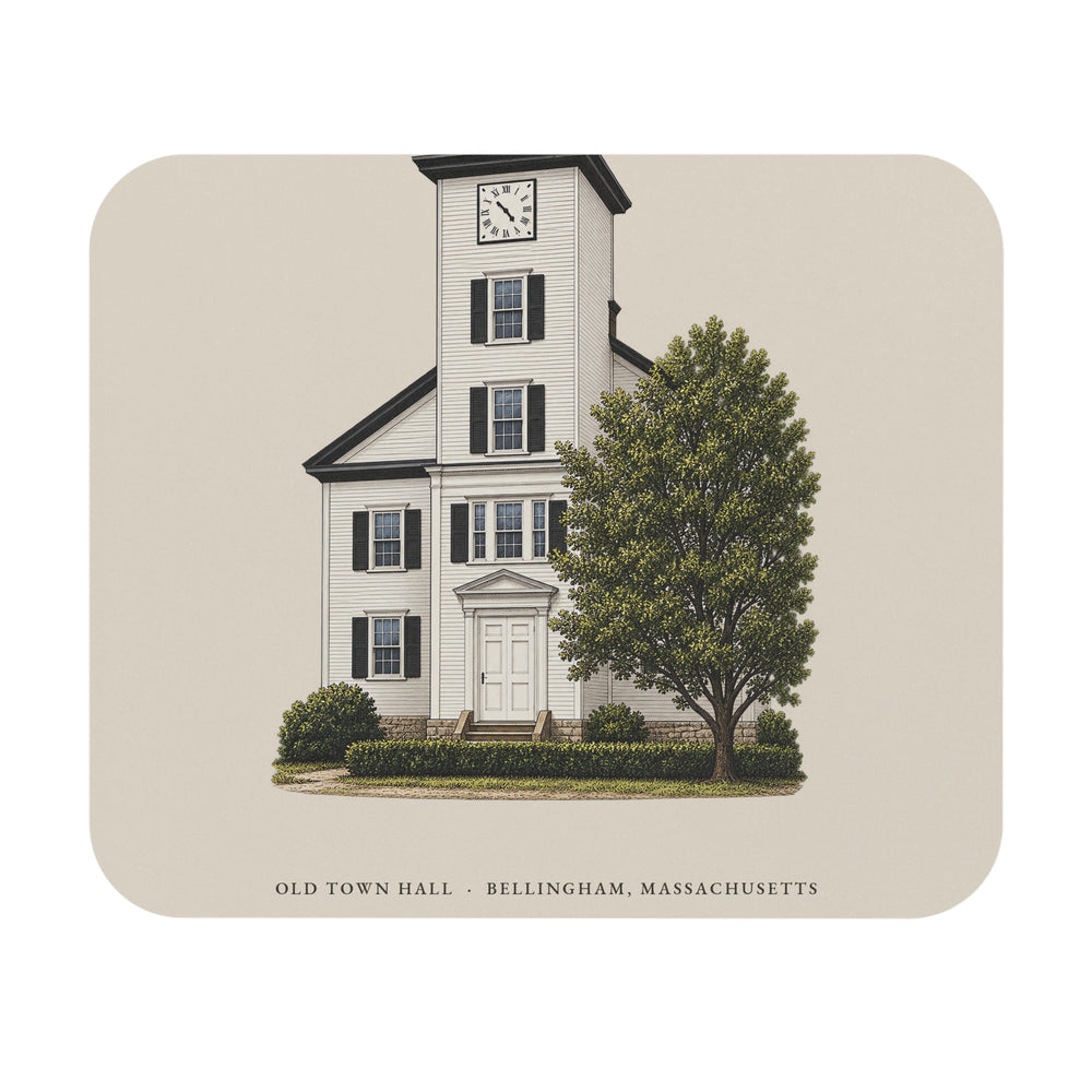 Bellingham Old Town Hall mouse pad mockup showing the full illustrated print