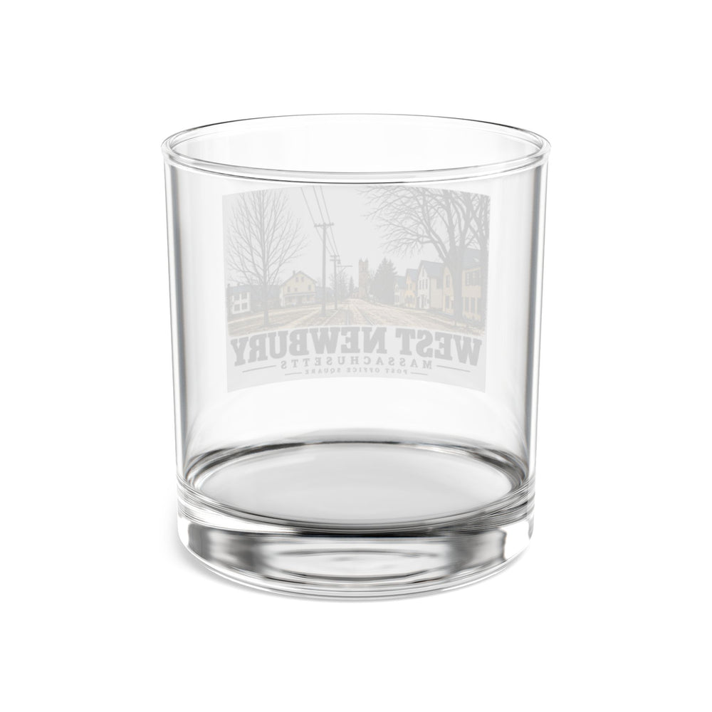 Illustrated Post Office Square and street railway tracks in West Newbury on rocks glass
